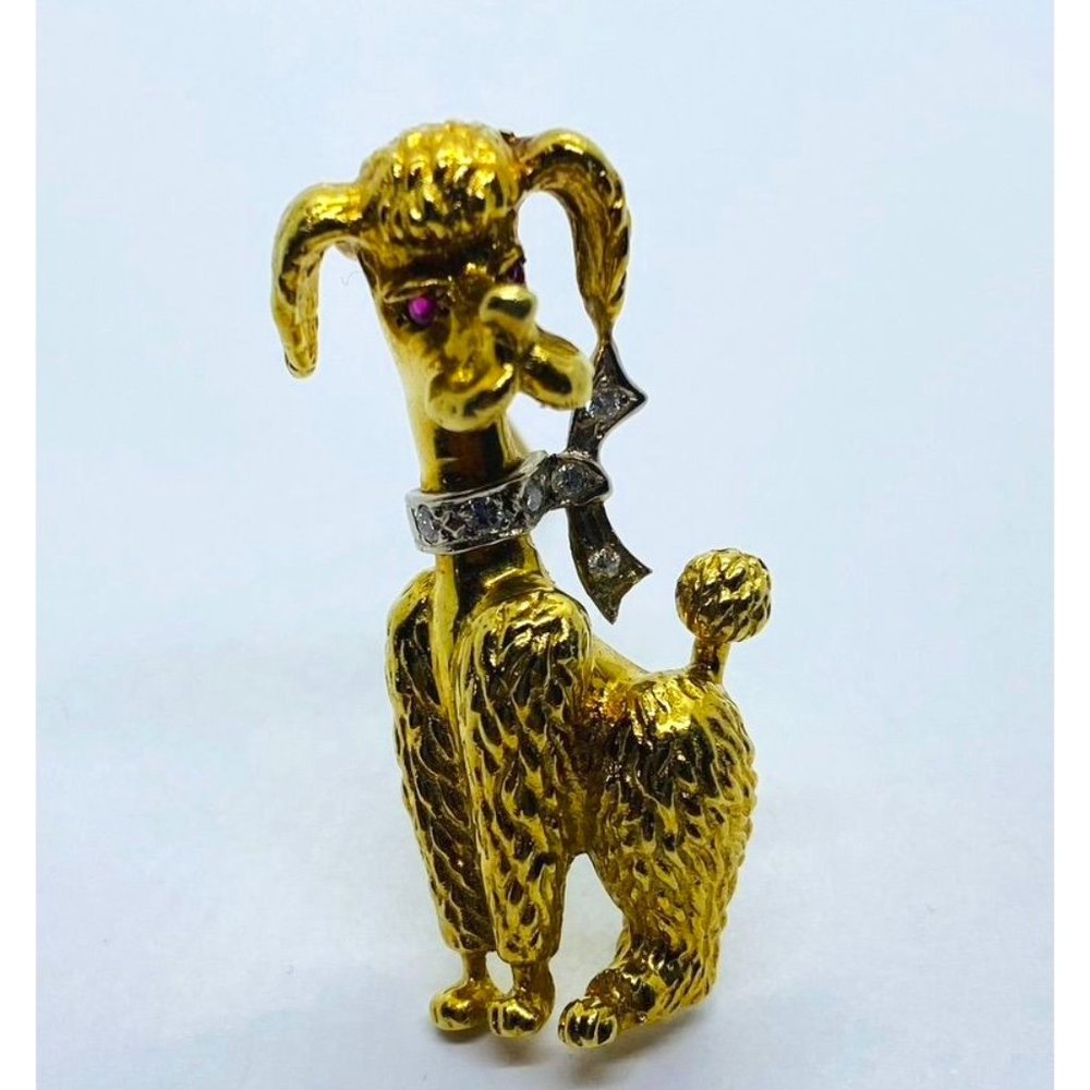 Signed Diamond Ruby 18K Gold Textured Poodle Dog Pin 15.3 Grams